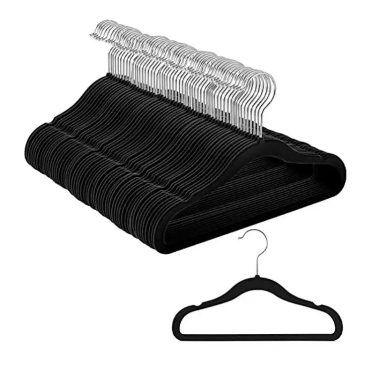 Pack de 10 unid Perchas Terciopelo para ropa,  Perchas antideslizantes con acabado de terciopelo con Gancho Cromado Giratorio de 360º , Soporte colgador armario, perchero ropa en Color NEGRO