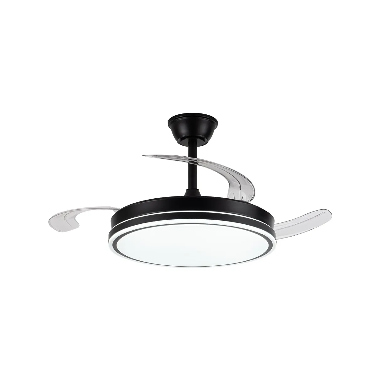 Ventilador de techo con luz led 72W modelo Glaciar Evo con aspas retráctiles negro. Motor DC silencioso, Sistema CCT. Control remoto por mando o APP 