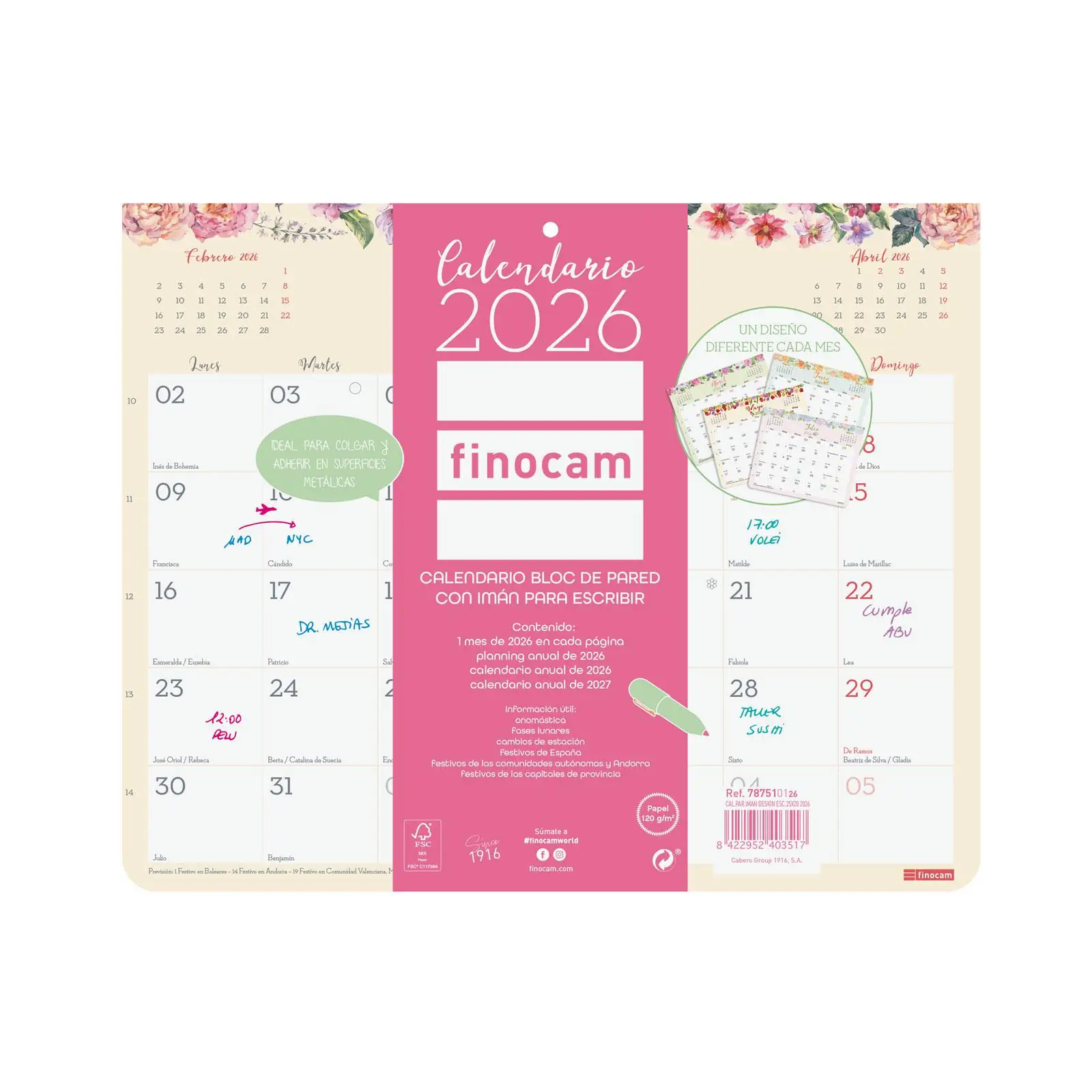Finocam - Calendario Bloc Design de Pared con Imán para Escribir 2026 Design Enero 2026 - Diciembre 2026 (12 meses) Español