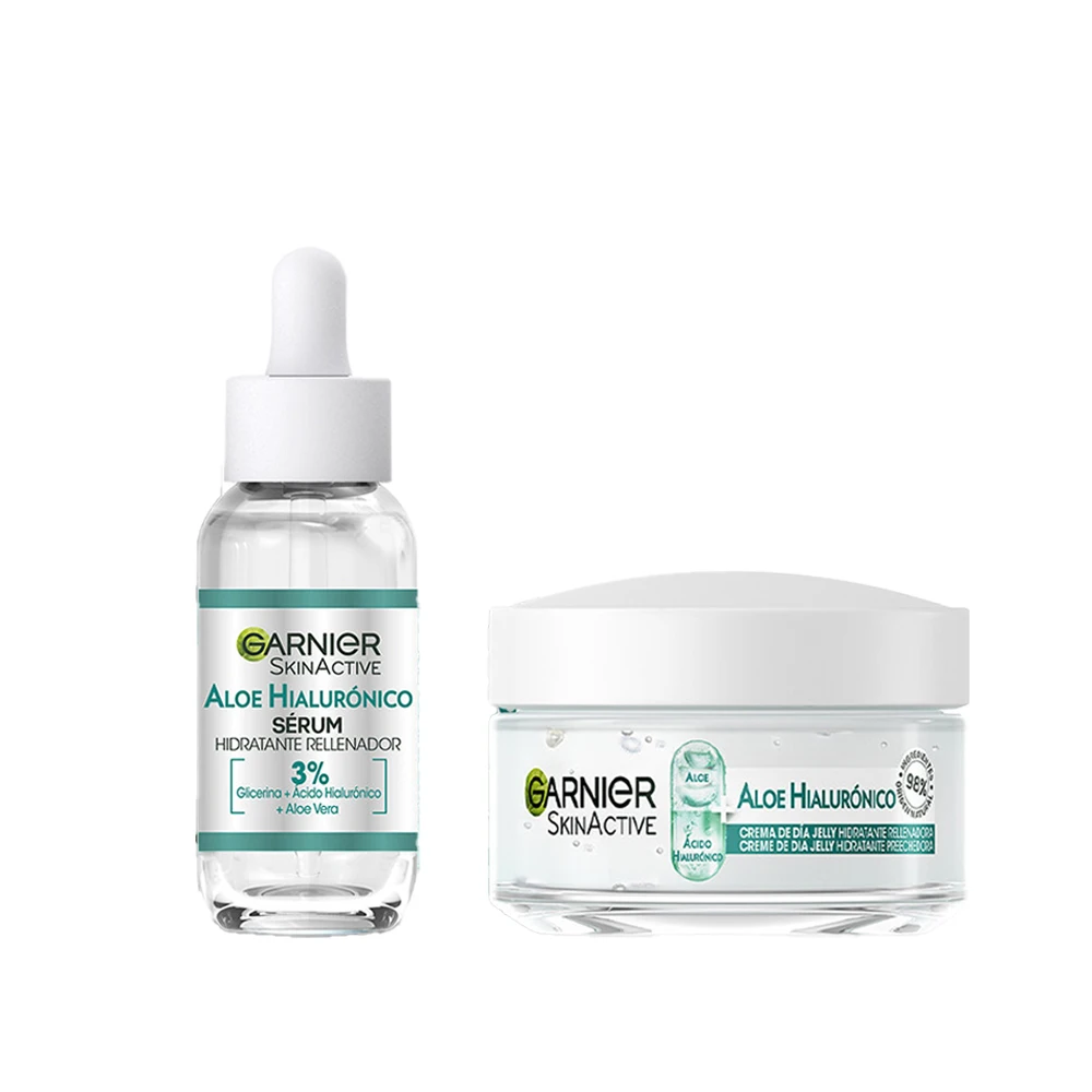 Garnier | Rutina Hidratante de Crema de Día Aloe Hialurónico con Aloe Vera + Ácido Hialurónico. Hidrata intensamente 48h - Nutre y Rellena - 50ml + Sérum Hidratante Rellenador Aloe Hialurónico con 3% Glicerina + Ácido Hialurónico + Aloe Vera -30ml