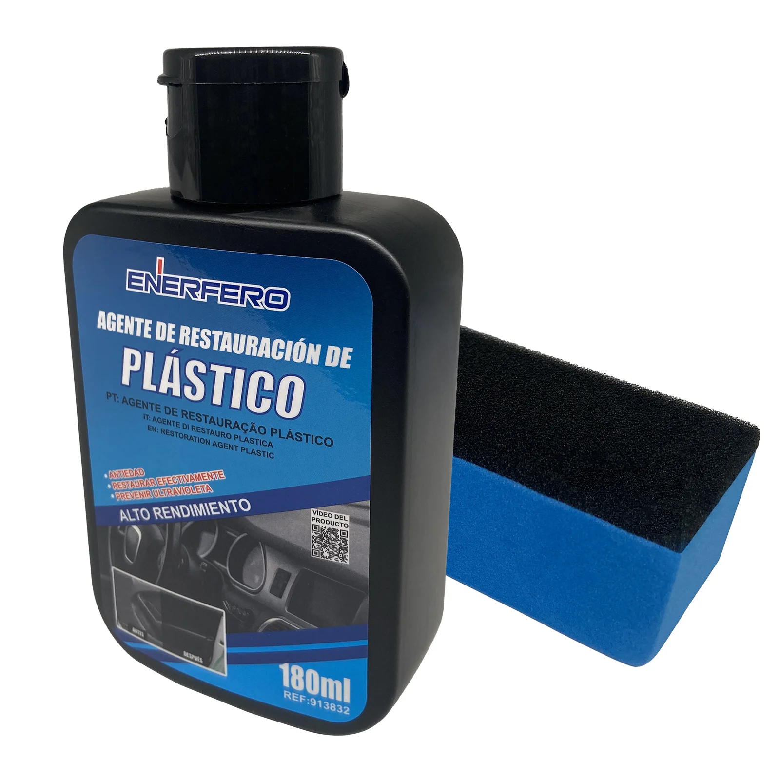 Enerfero-Restaurador de plásticos para coche Abrillantador Hidratador de Plástico y Neumáticos Coche Moto Recupera Brillo Interior y Exterior para Lavado en Casa, 180ml + Esponja Premium