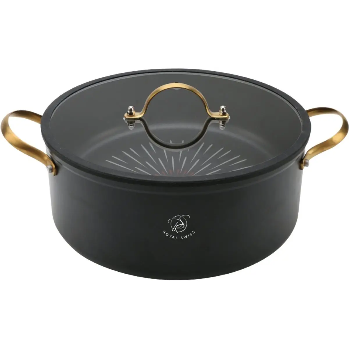 Olla holandesa Royal Swiss® de 28 cm, 28x12 cm - color negro, con tapa de silicona, revestimiento antiadherente de mármol, apta para inducción, lujosa y duradera.