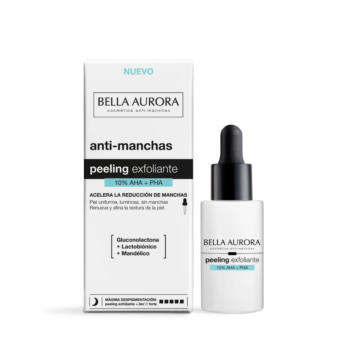 Bella aurora exfoliating peeling 10% aha + pha |   Anti-spot facial serum for brighter, more uniform and soft skin |   With mandelic acid, gluconolactone, lactobionic and bisabolol |   30ml