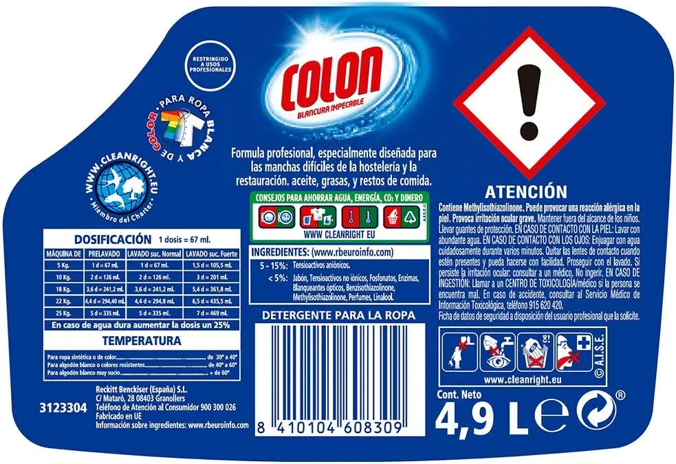 Colon Liquid Detergent for Professional Washing Machine, Suitable for White and color Clothes, gel - 146 Dose Format