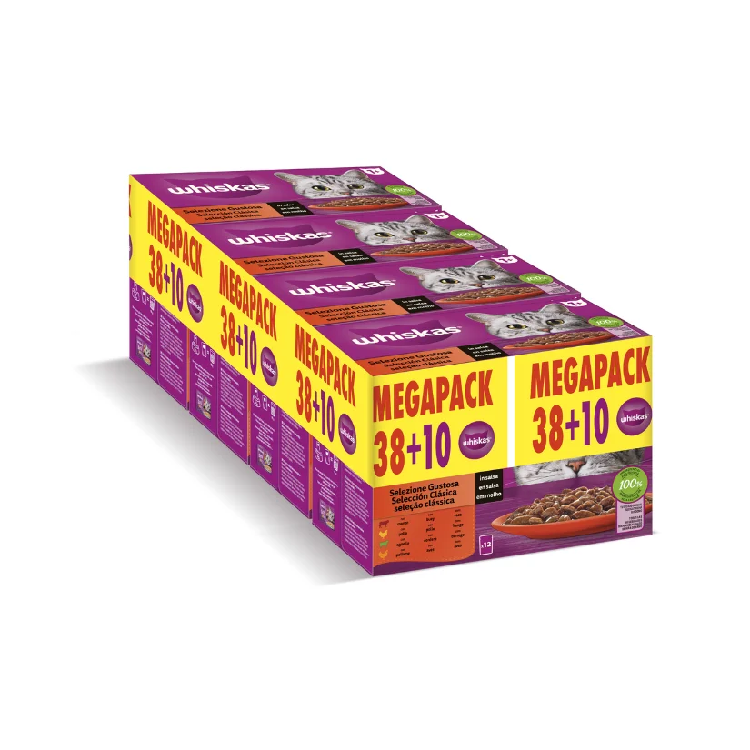Whiskas MEGAPACK Selección de Carnes en Salsa (48 unidades x 85 g) | Comida Húmeda para Gatos