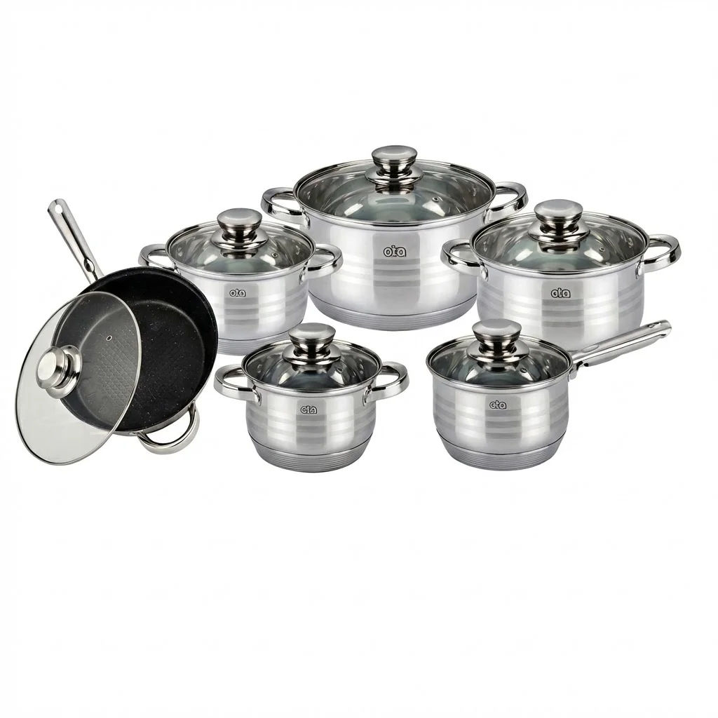 Batería de Cocina OTA 12 Piezas en Acero Inoxidable Premium con Sartén de Revestimiento de Mármol, Ideal para Todo Tipo de Cocinas