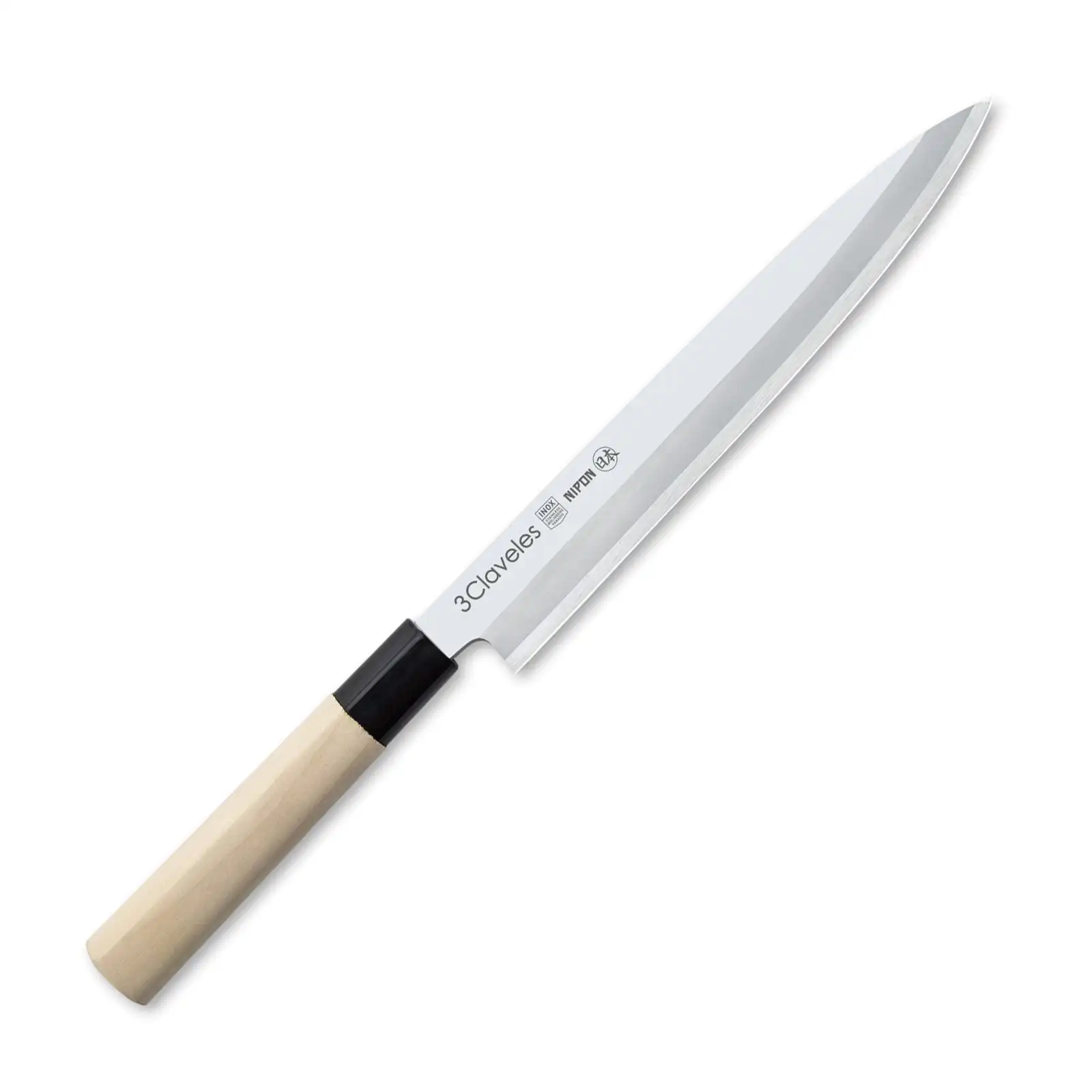 3 Claveles NIPON - Cuchillo Japonés Yanagiba 24 cm Acero Inoxidable y Mango Madera de Arce