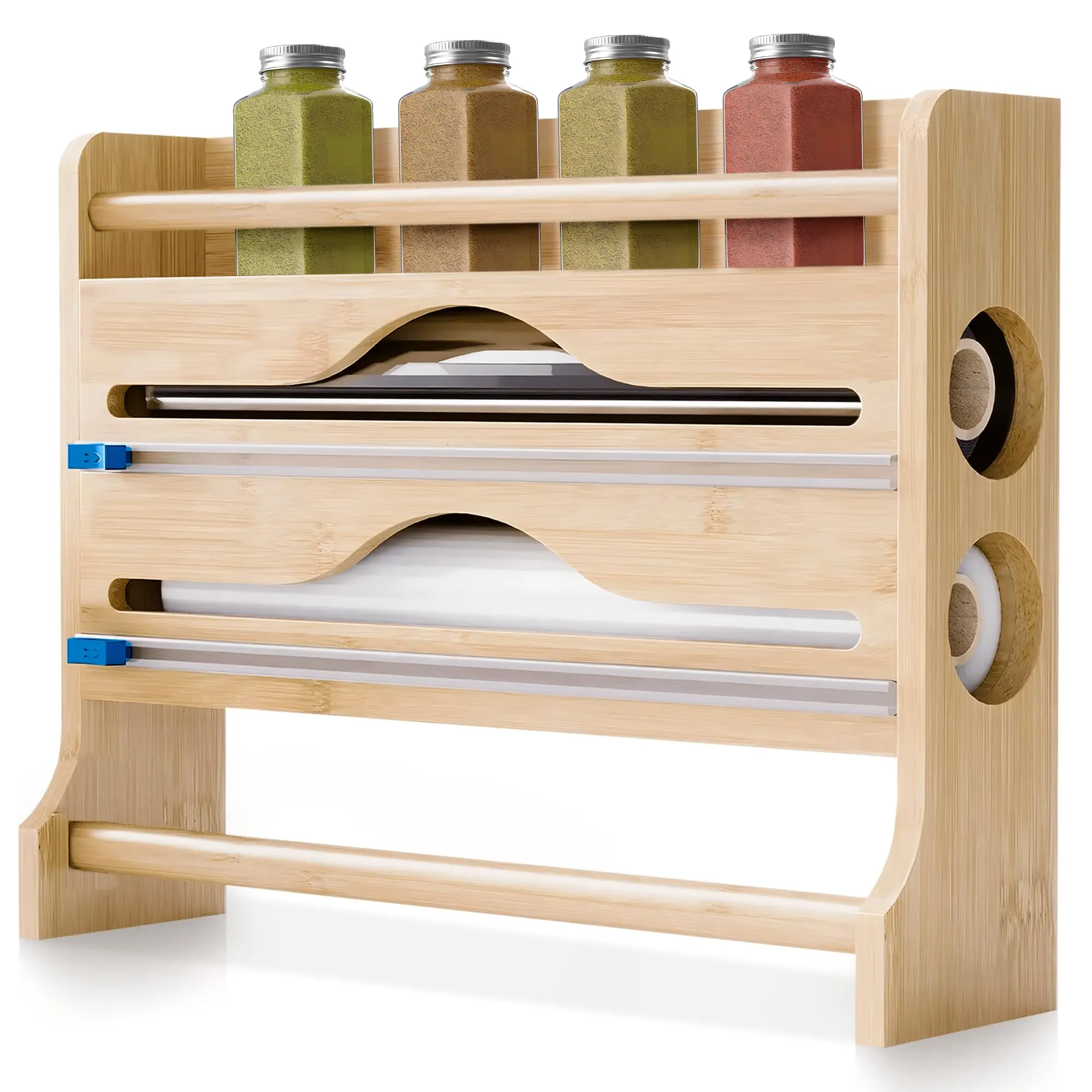 JUPPLIES Portarrollos Papel Cocina 3 en 1 – Soporte Rollo Papel Cocina, Dispensador Papel Aluminio y Film con Cortador Integrado – Porta Rollos de Papel Cocina de Bambú para Montaje en Pared