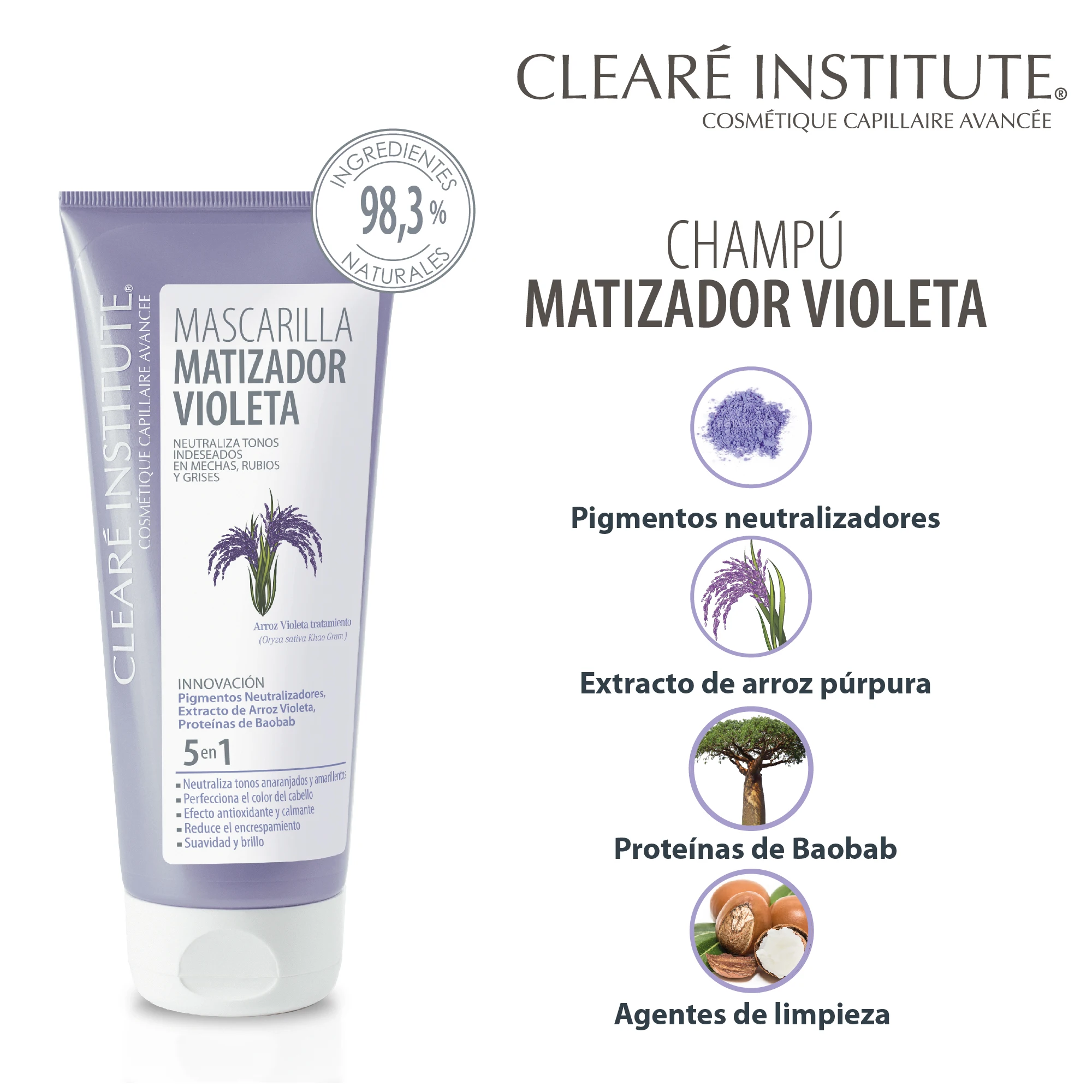 Clearé Institute Violet Toning Mask 5 in 1, 200 ml for blonde, highlighted, or gray hair, neutralizes unwanted orange tones, revitalizes with 98% natural ingredients, enhances shine, and reduces frizz for smooth, beautiful hair.