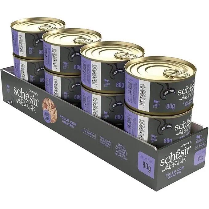 Schesir After Dark - Sabor de Pollo con Pato en filetes, Comida húmeda Completa para Gatos Adultos (latas 12 x 80 g)