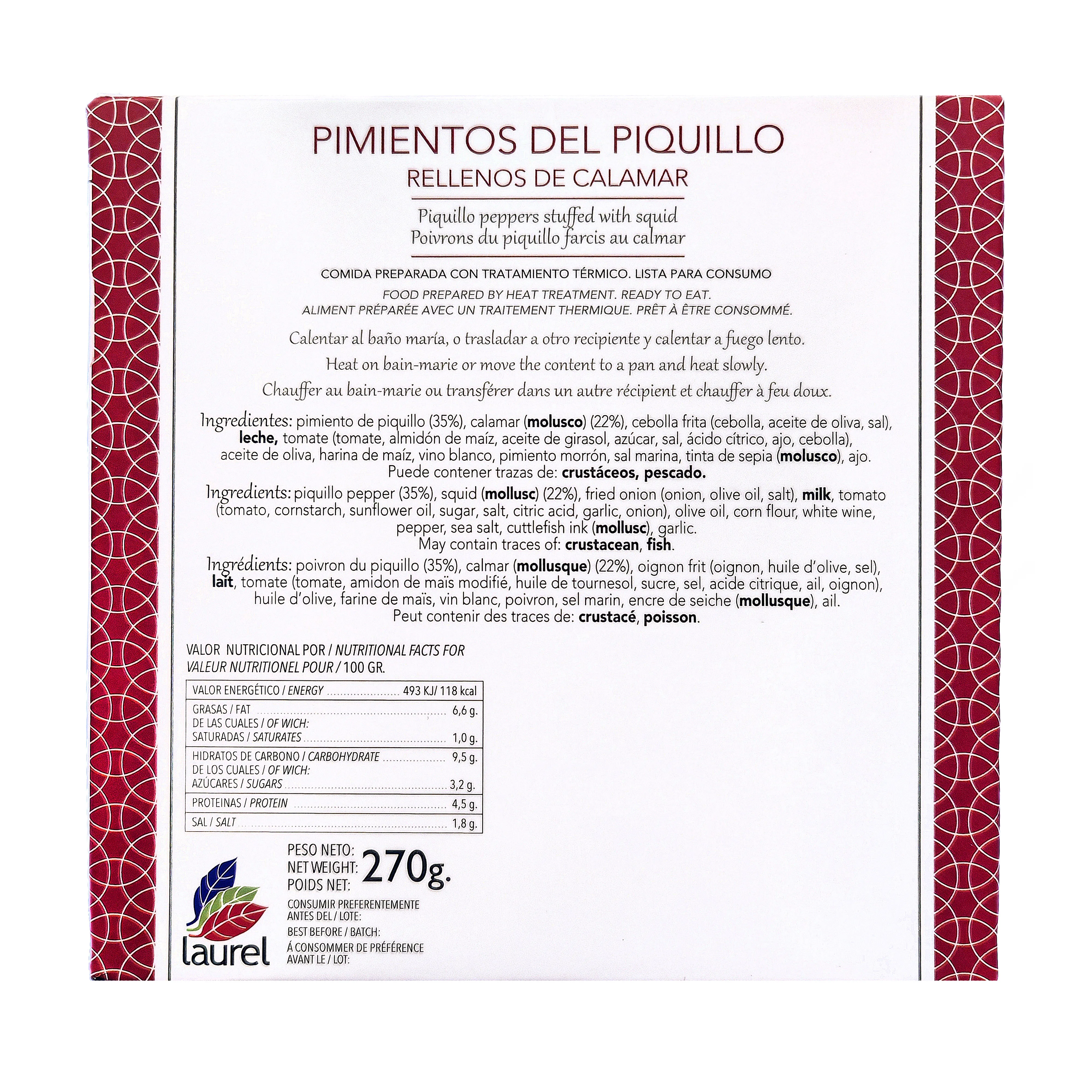 Piquillo peppers stuffed with squid. Pack of 3 units. Laurel preserves