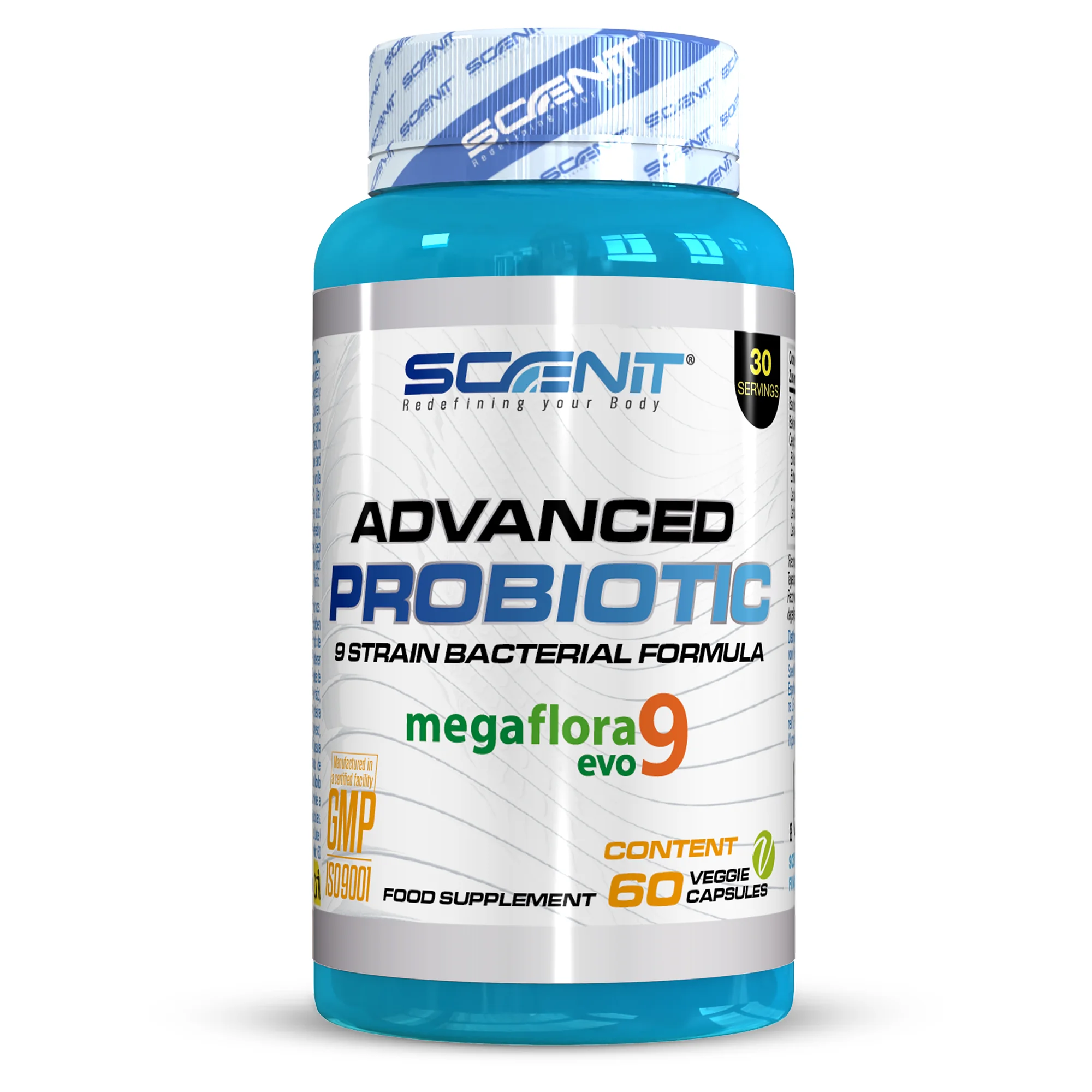 Probioticos y Prebioticos Intestinales - Advanced Probiotic Megaflora 9 evo - 2 Mil Millones UFC - 9 Cepas Bacterianas supervivencia superior - Lactobacillus, Bifidobacterium - 60 cápsulas Veganas