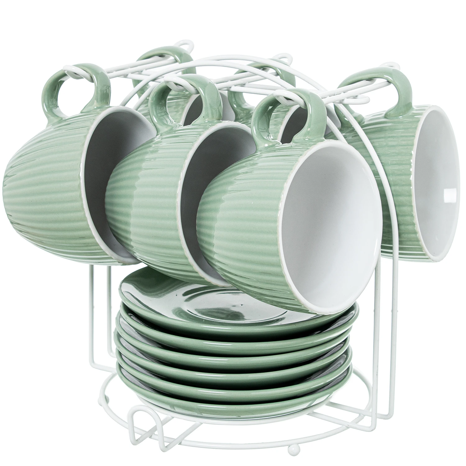 Set 6 tazas te con plato ceramica verde menta con soporte metal taza: 207ml 9x8cm plato: 14cm