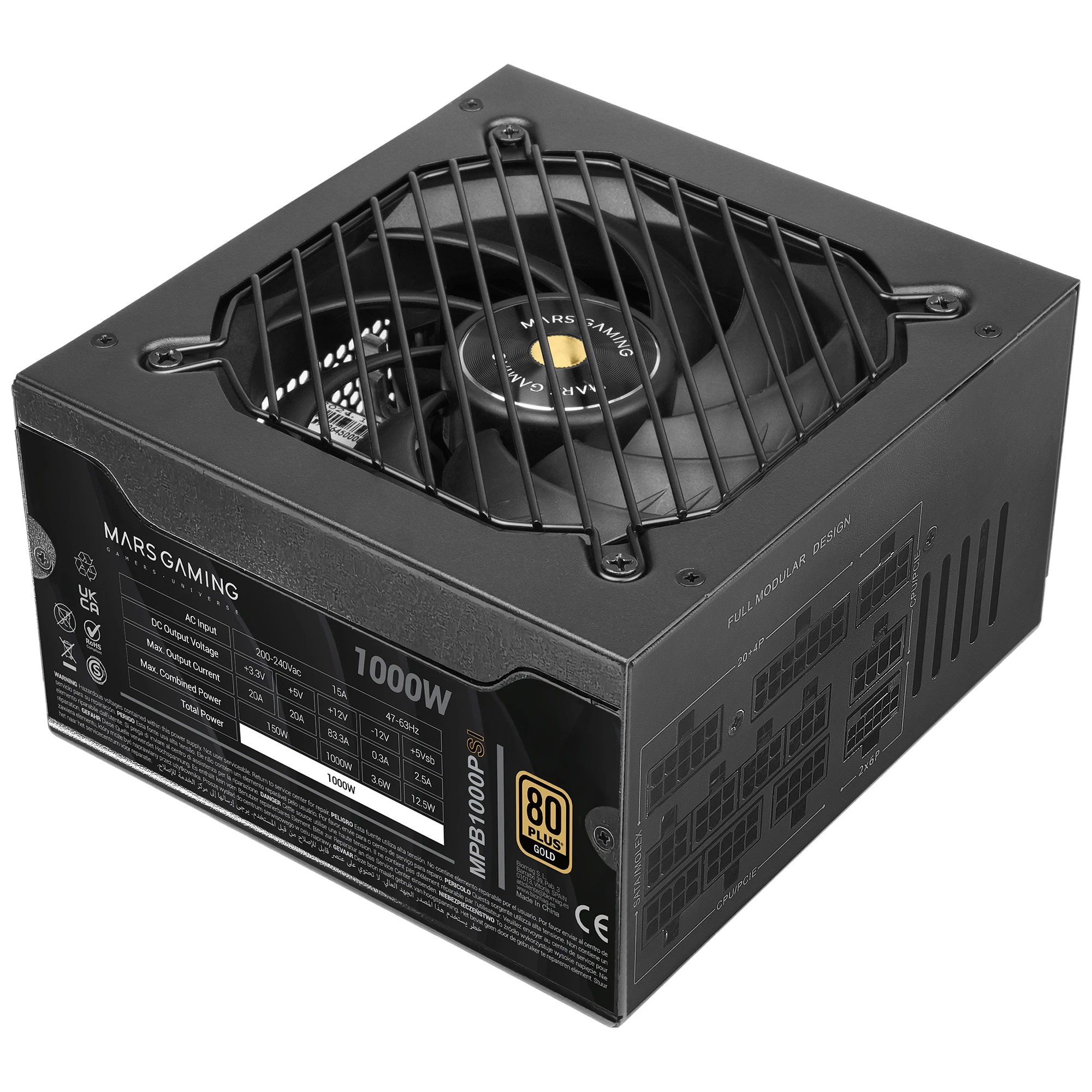 Mars Gaming MPB1000PSI, Fuente Alimentación Full Modular ATX 1000W, 10 Años Garantía, 80Plus Gold 90%, Ventilador SI 14cm, Tecnologías AI2-RPM, DC-DC y SMD, ATX 3.1, PCIe 5.1, Conector 12V 2x6, Fuente