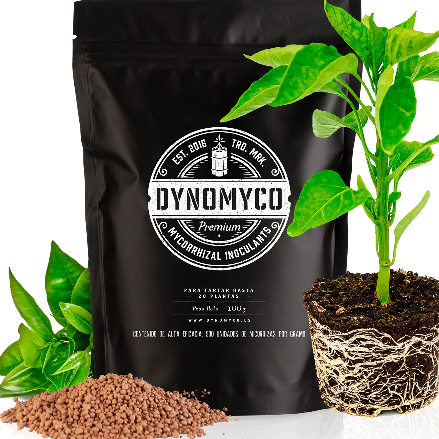 DYNOMYCO Inoculante de micorrizas Cepas de Alto Rendimiento – Fórmula concentrada – Mejora la absorción de nutrientes – Aumenta el Rendimiento de Las Plantas (100 g/ Hasta 20 Plantas)