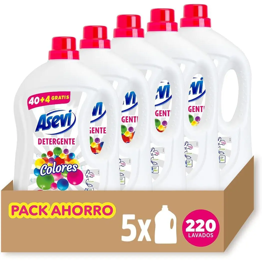Asevi Detergente Colores 44 Dosis, Pack Ahorro 5x44 Dosis Total 220 Lavados, Especial para Ropa de Color, Fórmula Concentrada, Fija y Protege los Colores, Evita Transferencias de Color