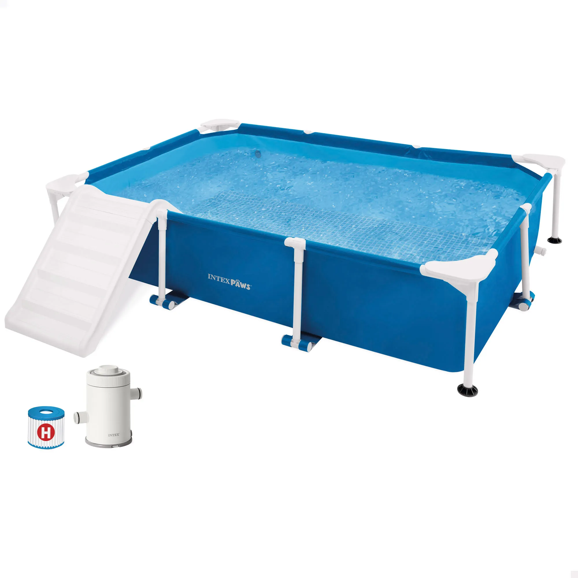 INTEX - Piscina desmontable rectangular para mascotas, 229x152x46 cm, depuradora incluida, filtro tipo H, skimmer, cobertor, materiales resistentes, piscina perros, piscinas desmontables, montaje