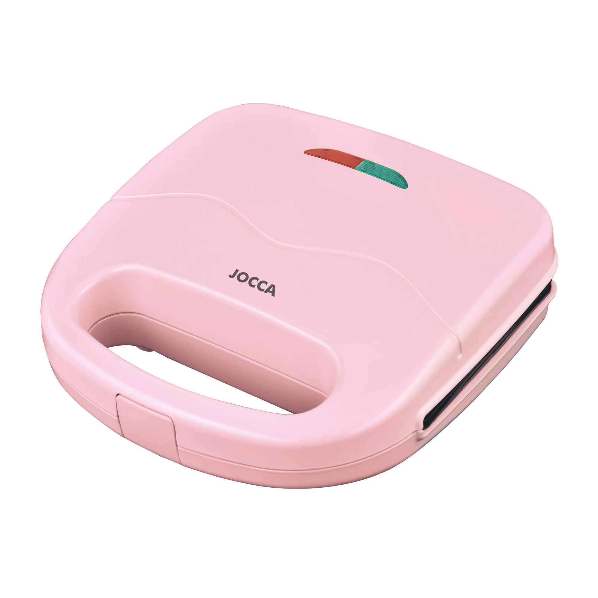 Sandwichera Jocca rosa de la línea Sweet de diseño compacto con placas grill de revestimiento antiadherente fáciles de limpiar, indicadores luminosos, mango termoaislante con sistema de bloqueo y 750W