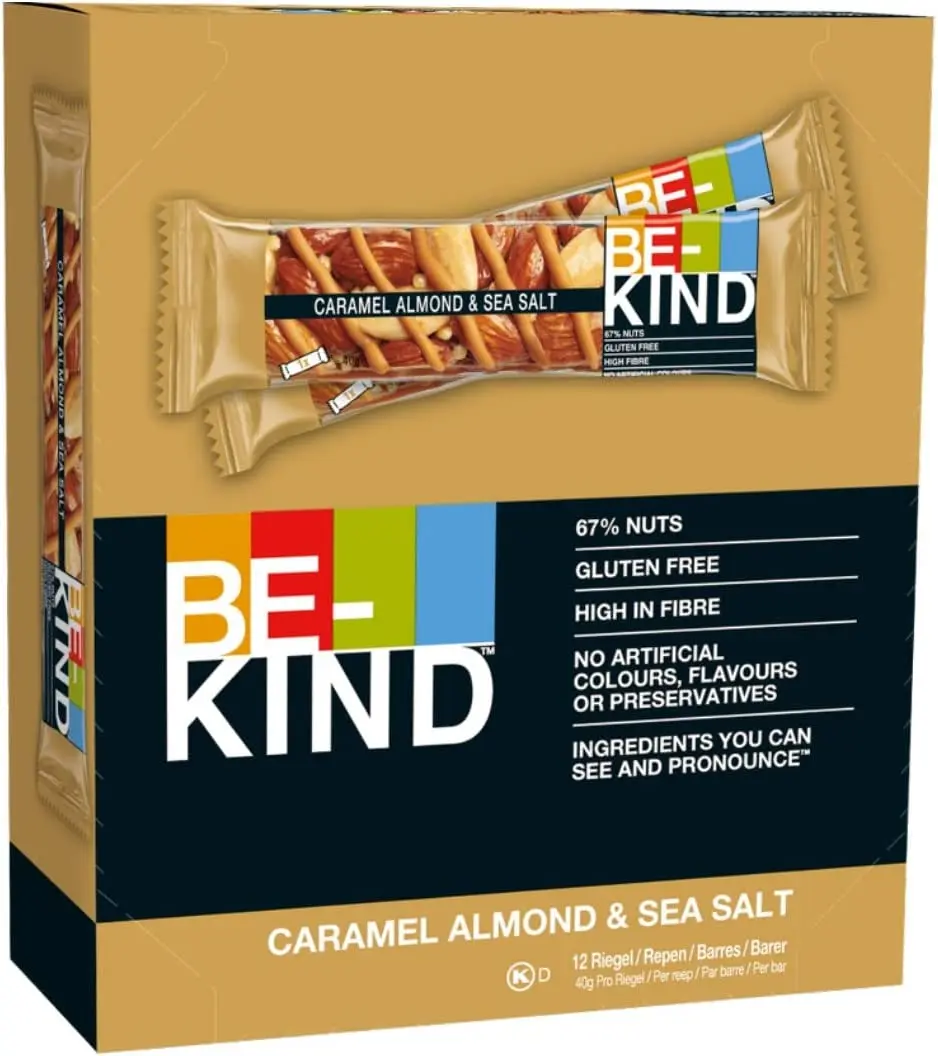 BE-KIND Barrita de Cereales con Frutos Secos Tostados, Almendras Caramelizada y Sal Marina, Sin Gluten, Alto Contenido en Fibra, Corazón Saludable, Estuche de 12 x 40 grs Barras