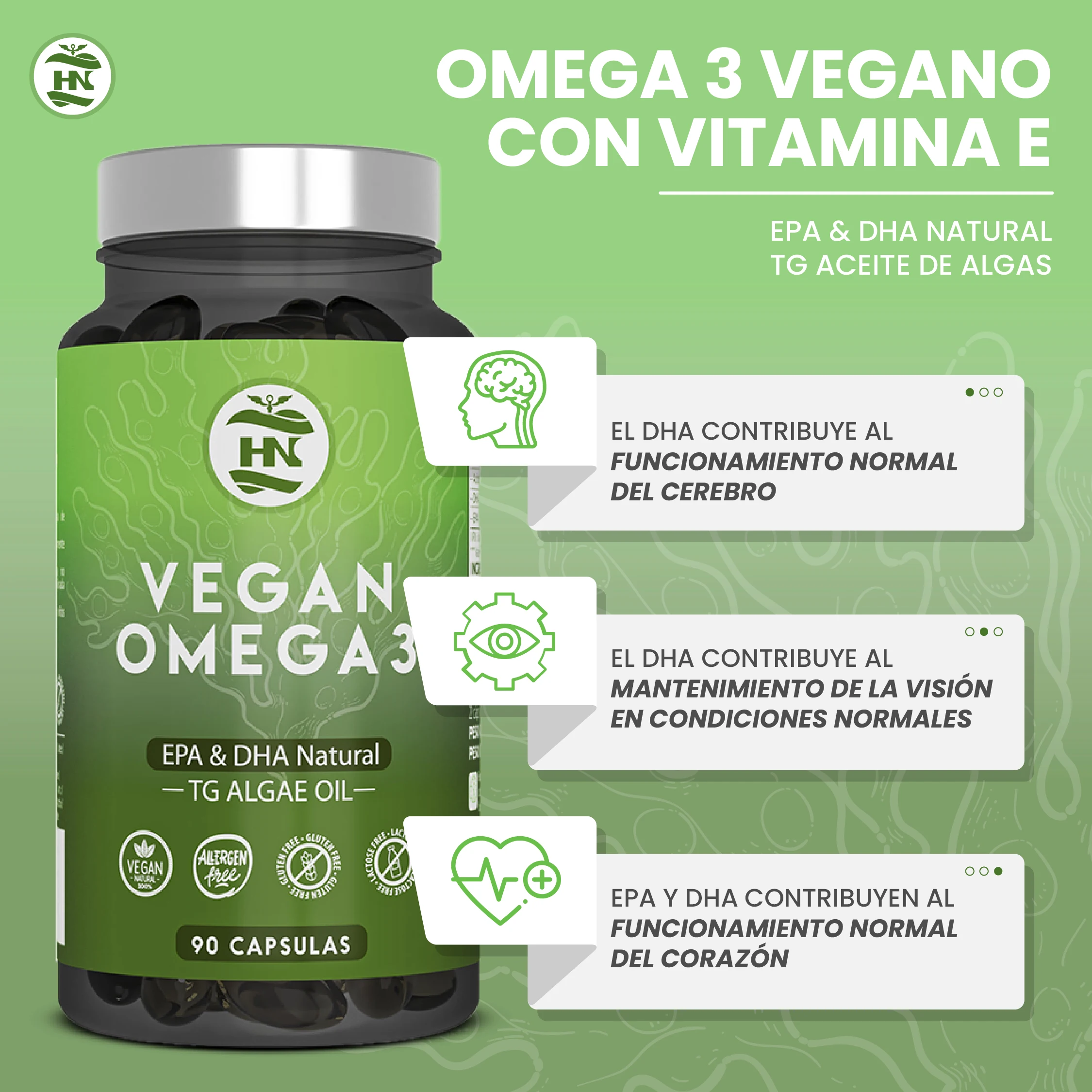 Hn - healthy nutrition omega 3 vegan algae (90 caps, 45 days) omega 3 algae oil balanced with dha and epa, omega 3 seaweed with vitamin e, ideal for brain and heart, supplement for vegans-vegetarian #2