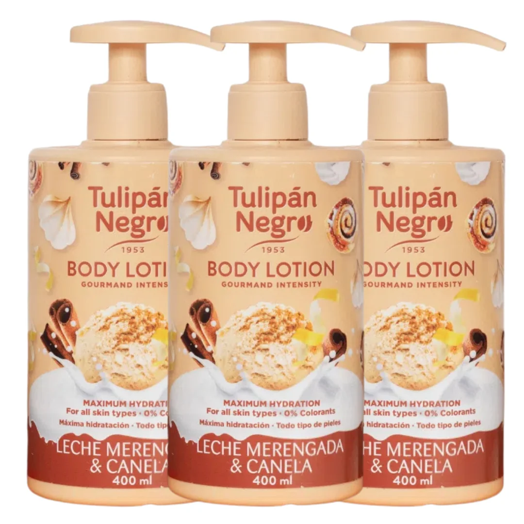 Pack 3 leche corporal tulipán negro canela y leche merengue 400ml. Hidratación intensa, suavidad y un aroma cálido y reconfortante para tu piel. ideal para el cuidado diario y una sensación de bienest