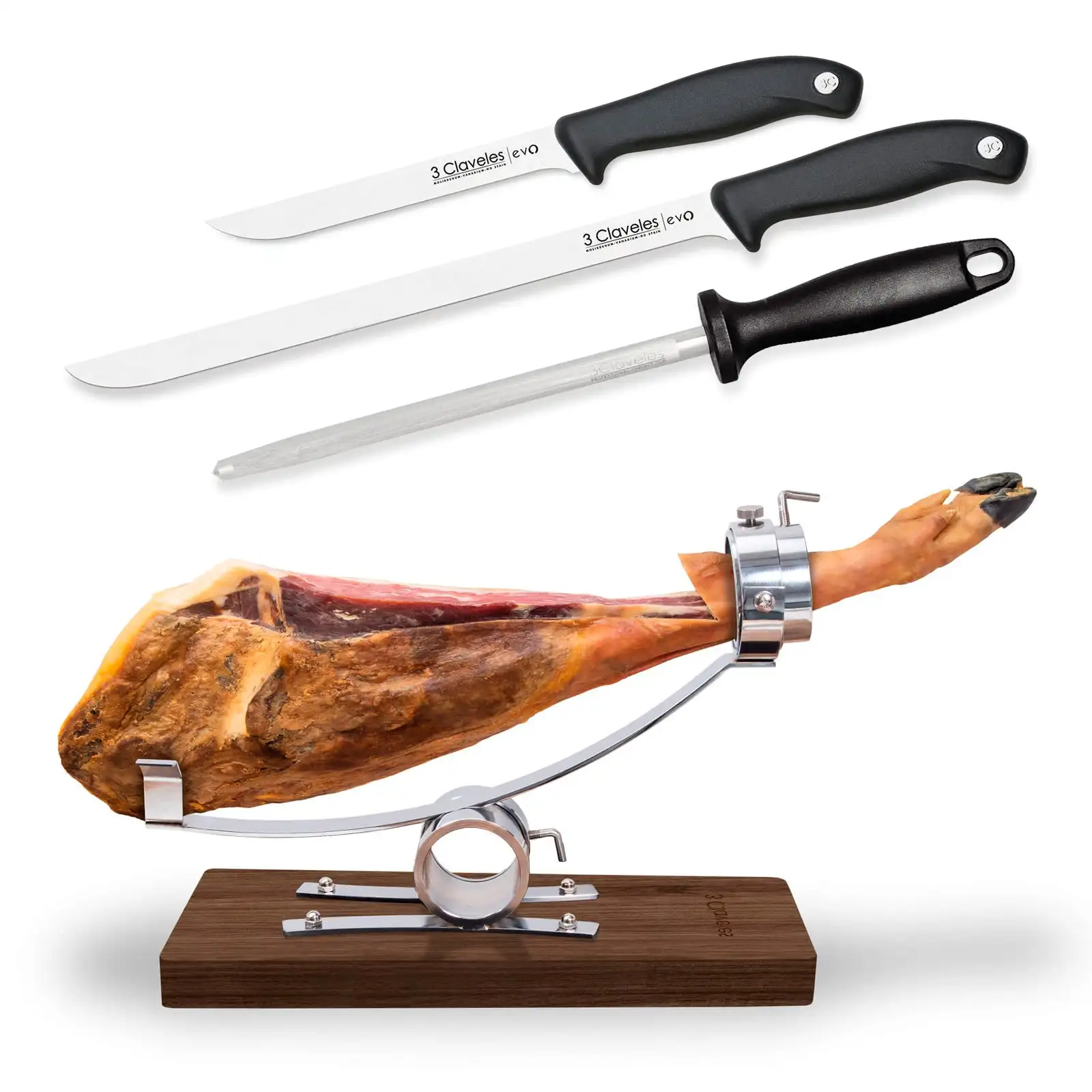 3 Claveles - Kit Soporte Jamonero Basculante en Acero y Madera con Cuchillos y  Chaira