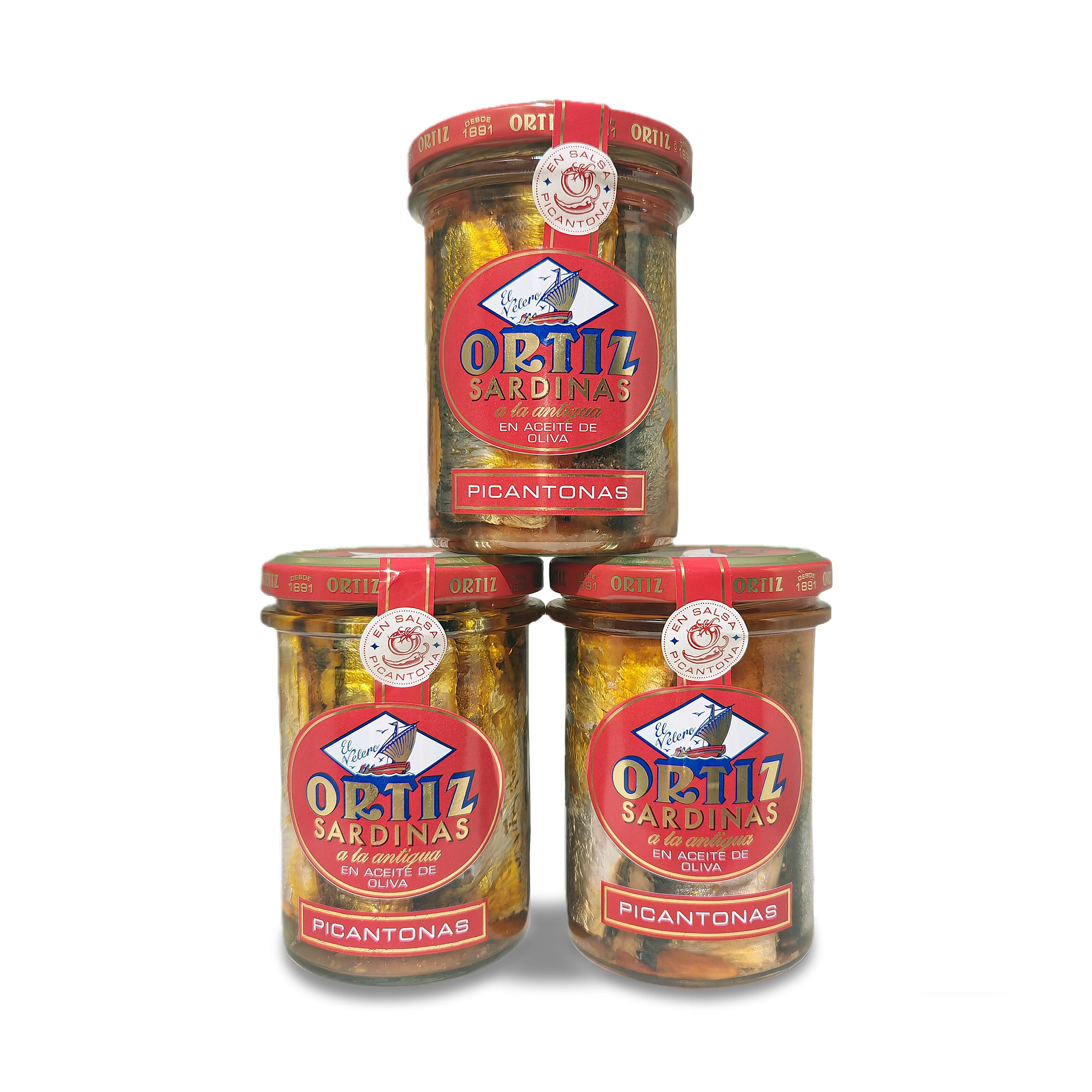 Sardinas a la antigua picantonas en aceite de oliva de Conservas Ortiz (Pack de 3 unidades de 190gr)