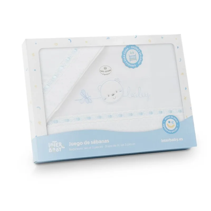 Sábanas Minicuna 100% Algodón 50X80 (bajera+encimera+funda almohada) Modelo Pasacinta Interbaby