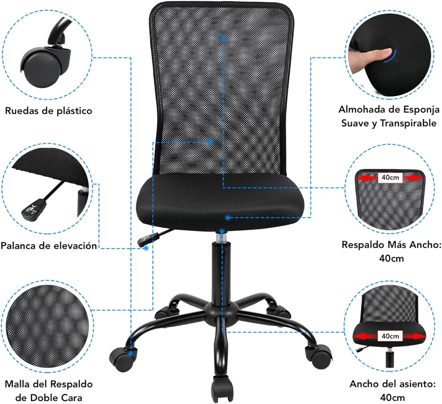 T-Lovendo Ergonomic Office Chair without Armrests, breathable double mesh fabric, height adjustable from 90.4 cm to 102.6 cm, stable metal base, 360° swivel, supports up to 150 kg, perfect for home office or study. #2