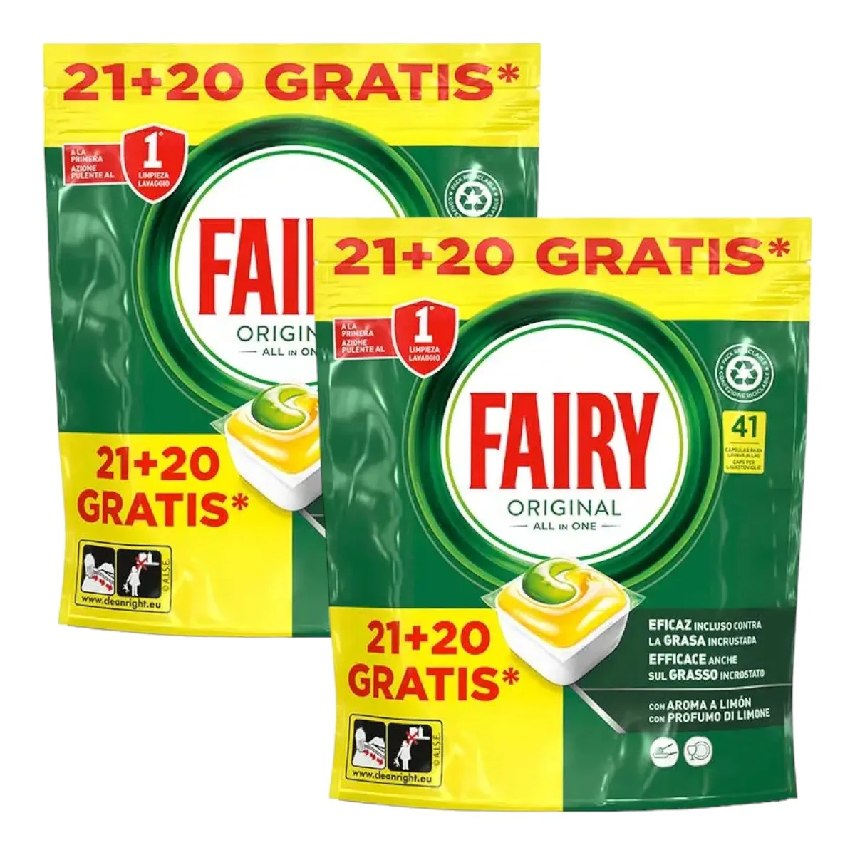 Fairy Original Pack de 2 bolsas de lavavajillas Todo En Uno Pastillas Lavavajillas 41 Capsulas Lavavajillas Elimina Grasa Reseca Detergente Lavavajillas con Aroma Limpio y Fresco (82 cápsulas en total)