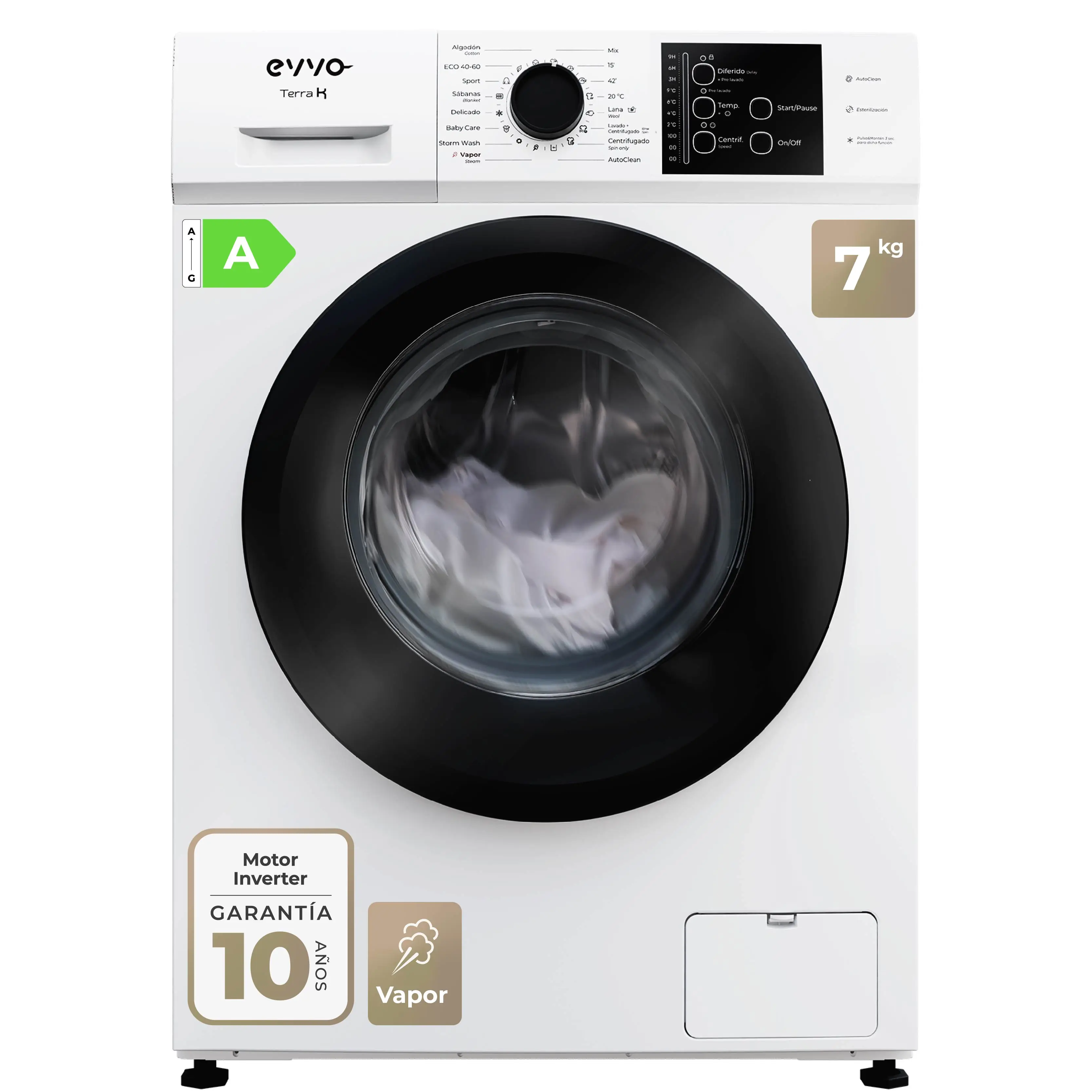 EVVO Lavadora 7 kg carga frontal Terra K7, 1200 rpm, Clase energética A, 44 cm de fondo, Libre instalación, Blanco