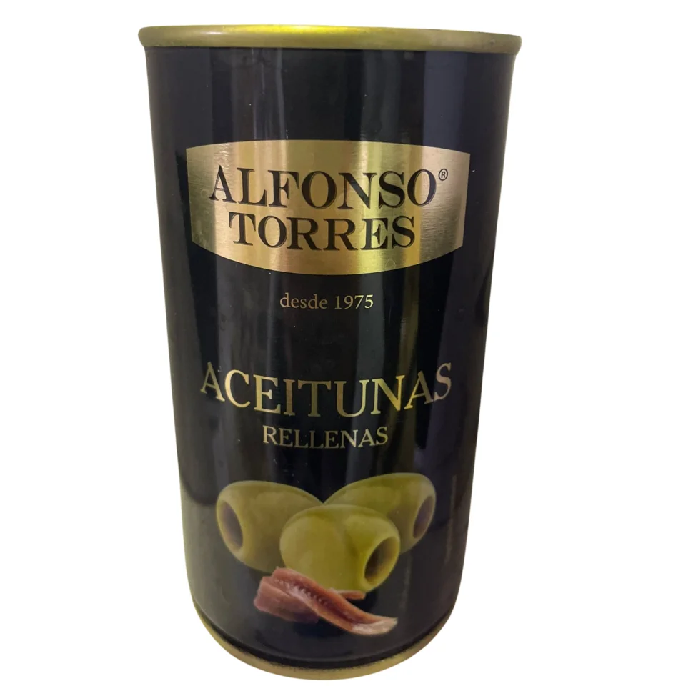 Aceitunas Verdes rellenas de pasta de anchoa 150gr - Deliciosas antipasti de olivas marca Alfonso Torres para tus comidas
