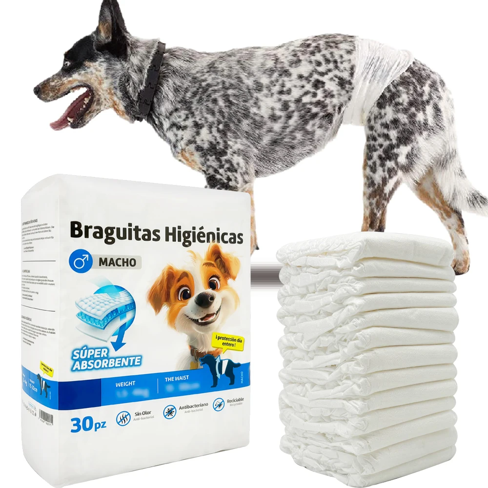 30Pcs BPS Braguita Higiénica Pañal Sanitarios Macho para Perro Mascotas Fisiológicas Bragas Higiénicas 3 Tamaños a Elegir