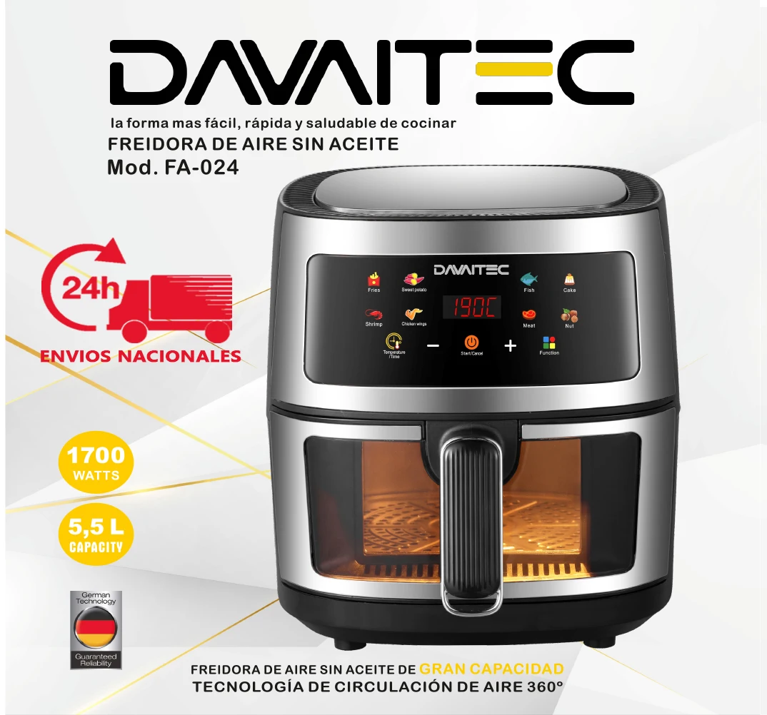 DAVAITEC Air Fryer 5.5L 1700W with 360° Air Circulation Technology, LED Display, and Adjustable Temperature for Healthy Cooking. Ideal for baking and roasting without oil.