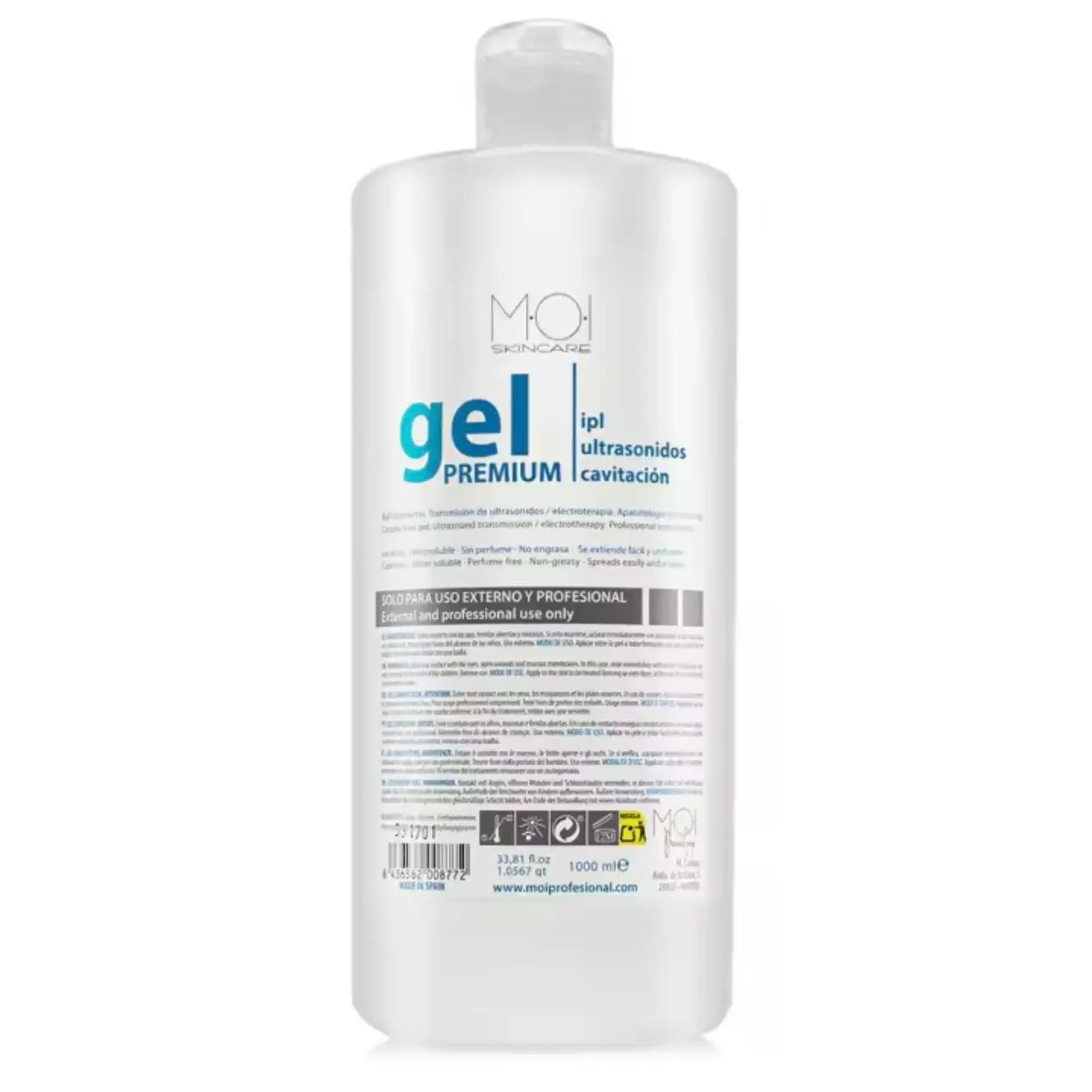 GEL CONDUCTOR. TRANSMISION DE ULTRASONIDOS ,ELECTROTERAPIA .APARATOLOGIA PROFESIONAL.GEL CONDUCTOR PREMIUM ESPECIAL IPL ULTRASONIDOS INCOLORO Y SIN PERFUME 1000 ML