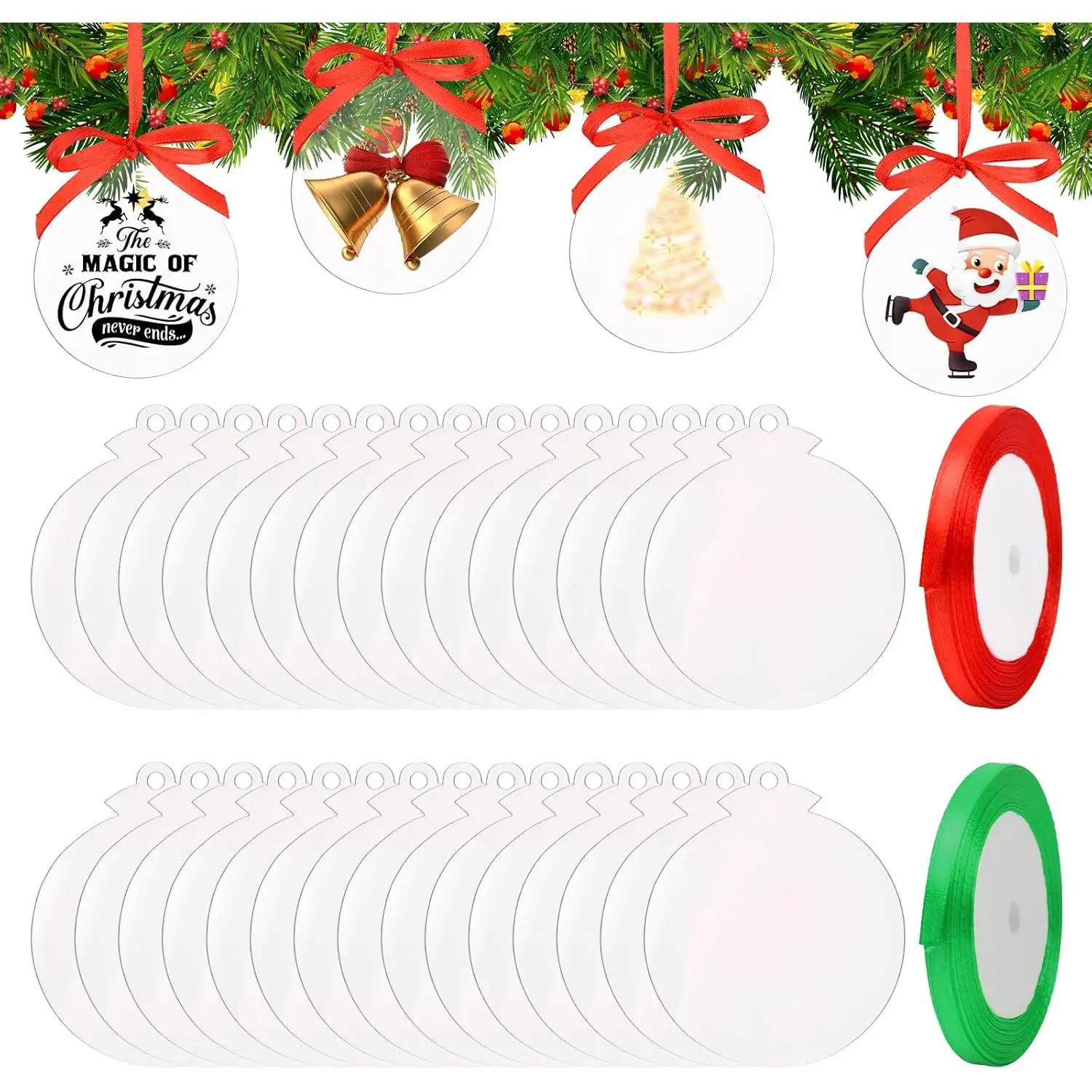 30 Piezas Adorno de Navidad Acrílico, Adorno Clásico en Blanco DIY, Adornos Navideños de Acrílico Discos, Disco Redondo Transparente Colgante Navidad Acrílico Ornamento con Cinta