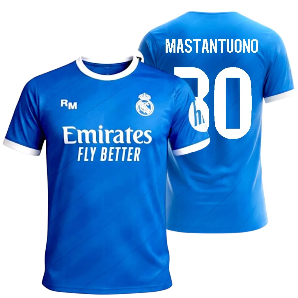Real Madrid - 3ª Equipación Réplica Oficial | Temporada 25-26 | Color Azul con Detalles Blancos | Nombre y Dorsal Mastantuono 30 | Tejido Transpirable | Slim Fit | Fans y Coleccionistas