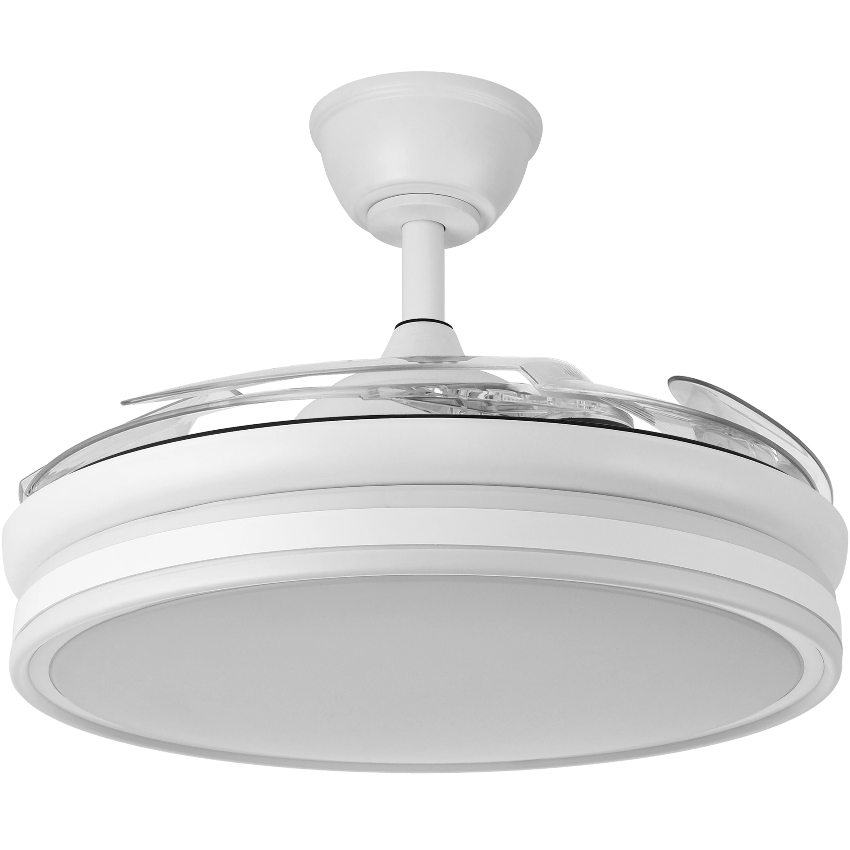 Ceiling fan BAYOMO NEW DC 59w 6980lm White, 4 folding blades, dimming intensity and light tone 3000K, 4000K, 6000K with remote control. Measures 34,5/42x50 Ø/107 øcm-Abrila-Fabrilamp - Dimable. Includes two tijas. 12,5cm and 25c