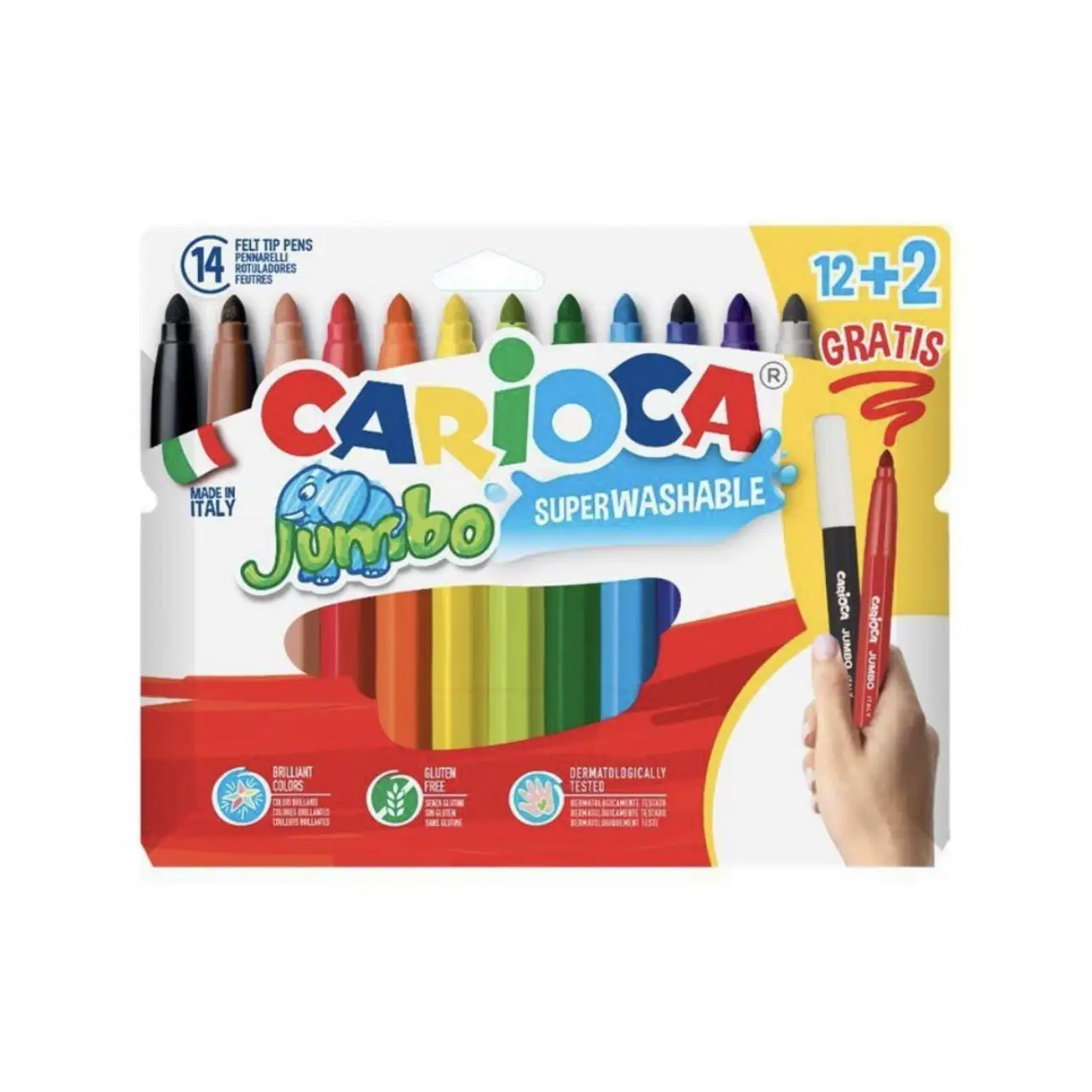 Carioca Jumbo Paperboard Wallet, 12 + 2 Pcs Colored Pencils for Kids, Thickened Point, Draw and Coloring, Super Washable, Assorted Colors