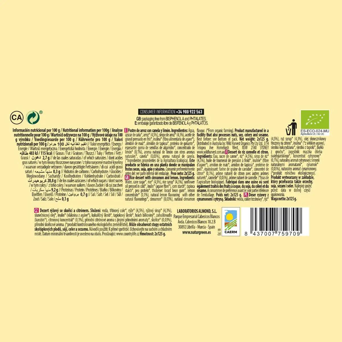 NaturGreen lemon cinnamon rice dessert, 2X125g