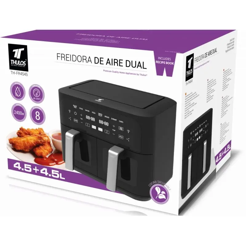 Dual air fryer, capacity: 4.5+4.5l. This innovative fryer has two baskets with a capacity of 4.5+4.5 liters each, allowing you to cook two batches of food at the same time. With an adjustable temperature range between 40 and 200oc,