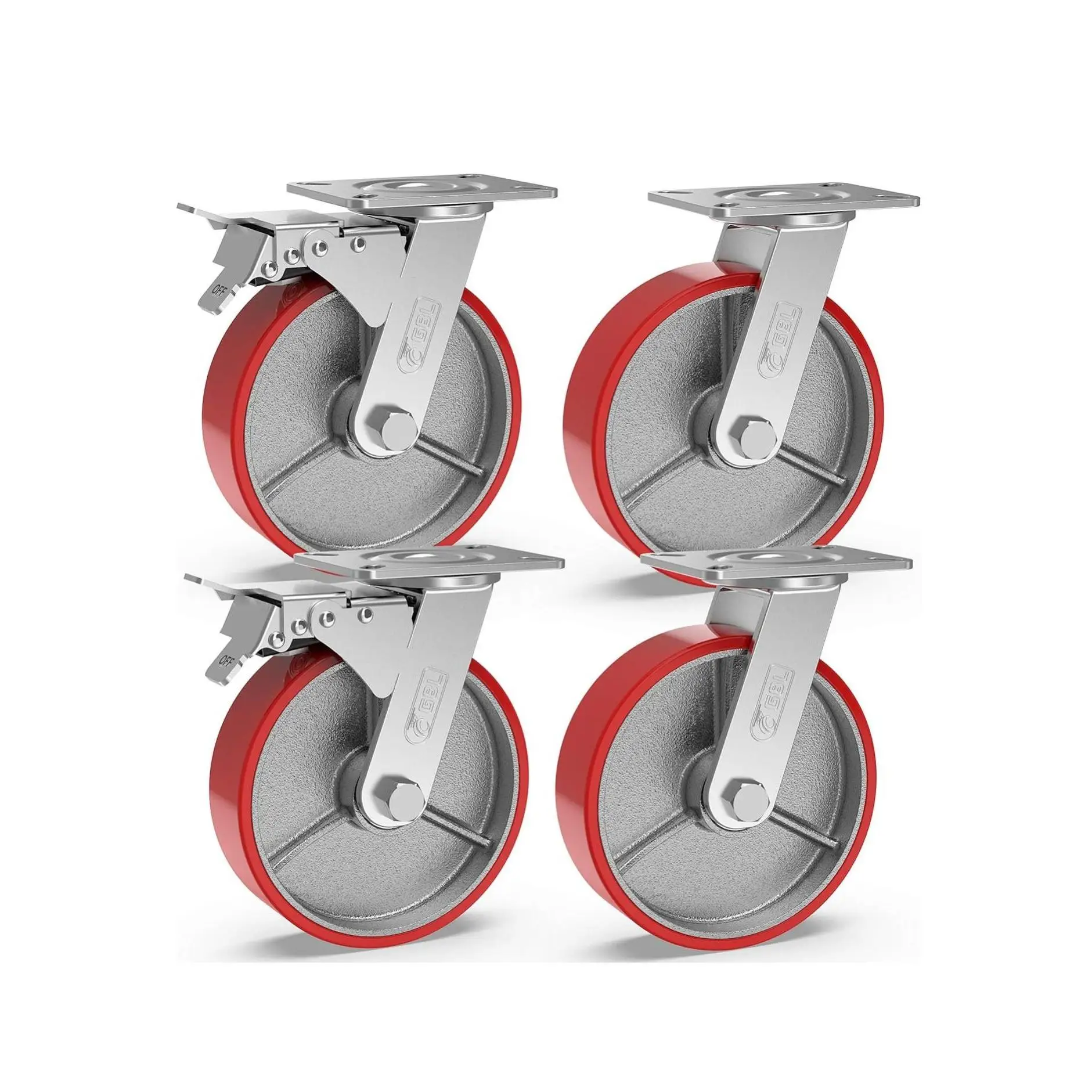 ORION91oficial® - Pack X 4 Ruedas Caucho, Alta Calidad, muebles pesados - 2x Ruedas con freno 200 mm que soportan hasta 1520 kg y 2x Ruedas sin frenos para mueble electrodomésticos - Rojas -