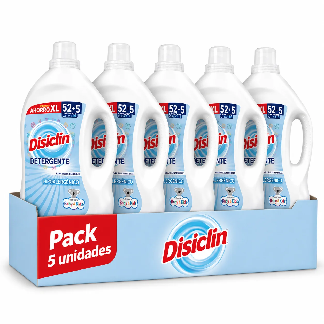 Disiclin Detergente Liquido Hipoalergenico 52+5 Lavados (Pack ahorro 5 unidades) - Limpieza eficaz, frescor duradero y cuidado especial para las prendas de toda la familia, Ideal pieles sensibles