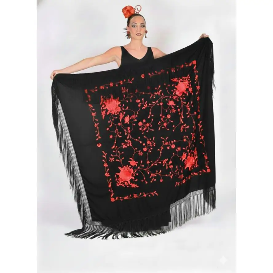 Mantón Cuadrado Grande- MEDIDA 150X150cm sin contar los flecos. Flamenco Bordado con Flecos | Mantón Español Tradicional para Baile, Feria y Eventos Flamencos