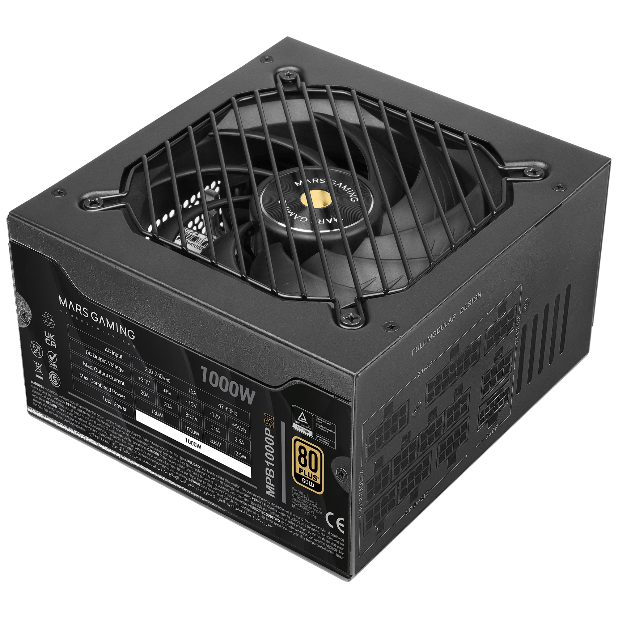 Mars Gaming MPB1000SIM, Fuente Alimentación Full Modular ATX 1000W, 7 Años Garantía, 80Plus Gold 90%, Ventilador SI Extreme Silence 140mm, Tecnologías AI2-RPM, DC-DC y SMD, ATX 3.1 y PCIe 5.1, Fuente