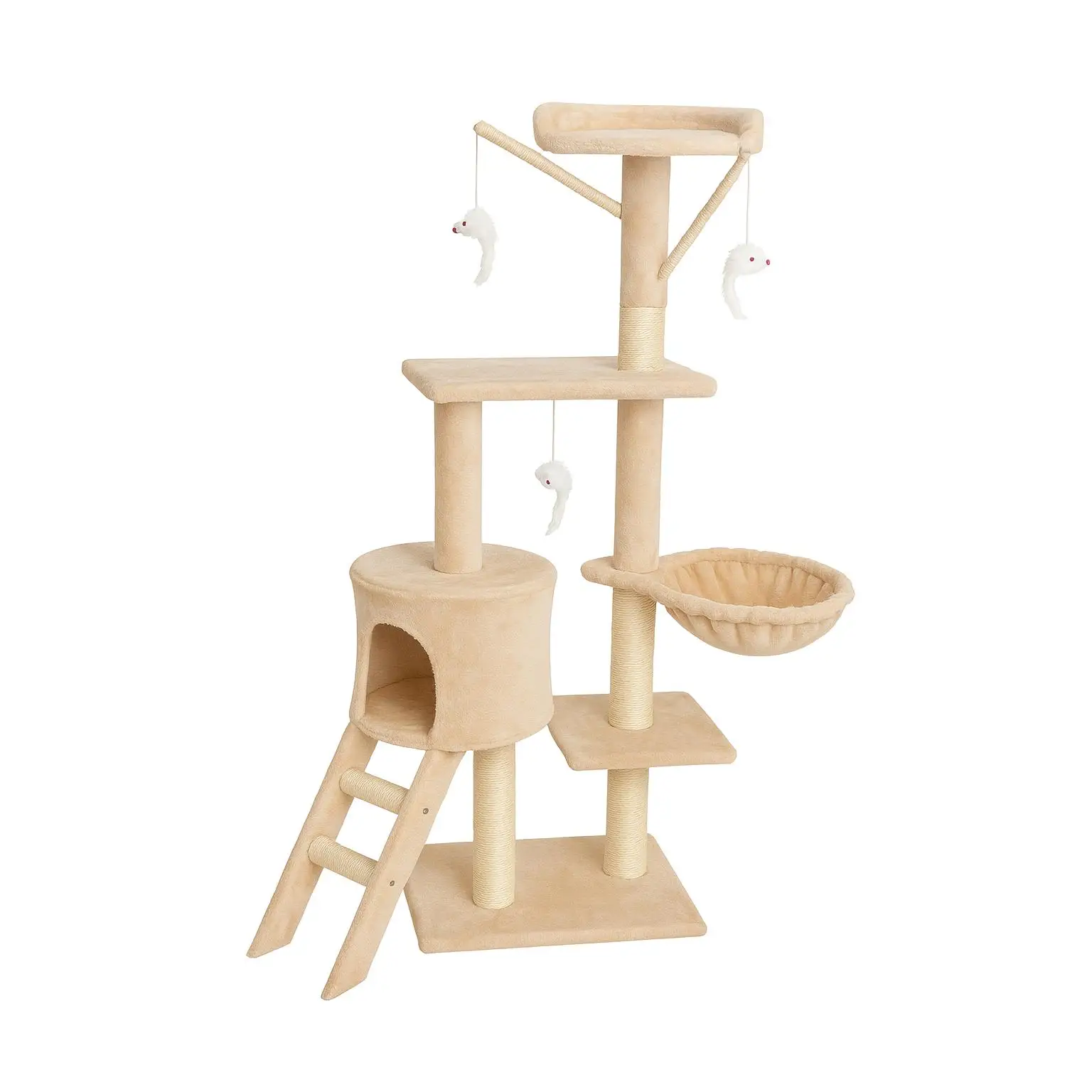 Rascador para gatos con torre multiusos, casita, hamaca y juguetes – Color Gris o Beige Amarillento Marca Cottecota