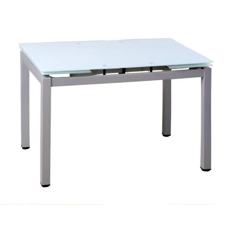 Mesa de cocina extensible Mod 70. Dos extensibles laterales y la tapa de cristal templado de color blanco.