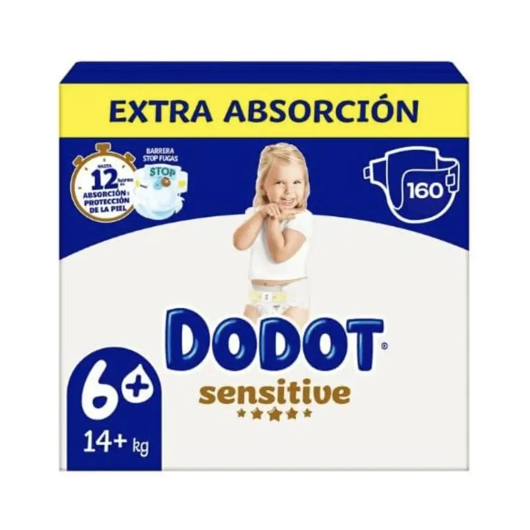 Dodot Sensitive Pañales, Talla 6 +, Extra Absorción, 160 Unidades, Para Bebés 14+ kg, 12 Horas de Protección, Con Barreras Antifugas y Materiales Ultra Suaves
