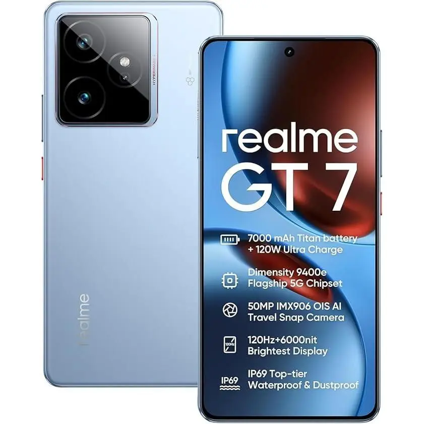 Teléfono – realme GT 7 5G Smartphone,12GB+256GB | 12GB+512GB, MediaTek Dimensity 9400e, Bateria Titan 7000mAh+Carga rápido de120W, Cámara IMX906 con AI Viaje Snap, Pantalla 6000nits Pro-ESports, 360° Ultimo Refrigeración, IP69 3