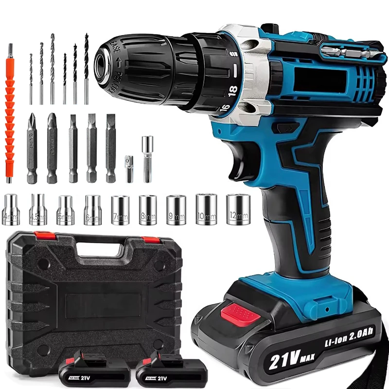 Cordless Electric Impact Drill, 21V, 1600rpm, High Speed, Rechargeable, 32 Torques, DIY Household Tools